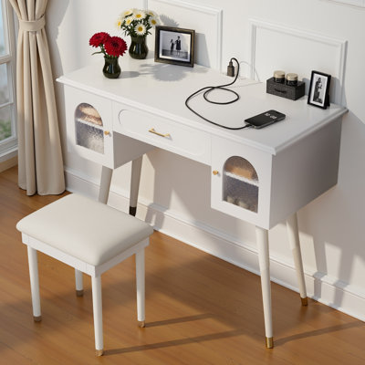 Vanity Makeup Table with Charging Port & Carved Glass, Dressing Desk Set with Stool for Bedroom