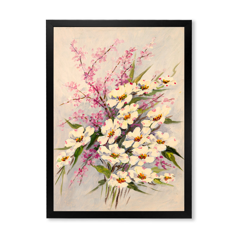 Romantiques fleurs blanches Bouquet - peinture sur toile encadrée, Toile avec cadre photo noir, H 20 po x l 12 po x P 1 po