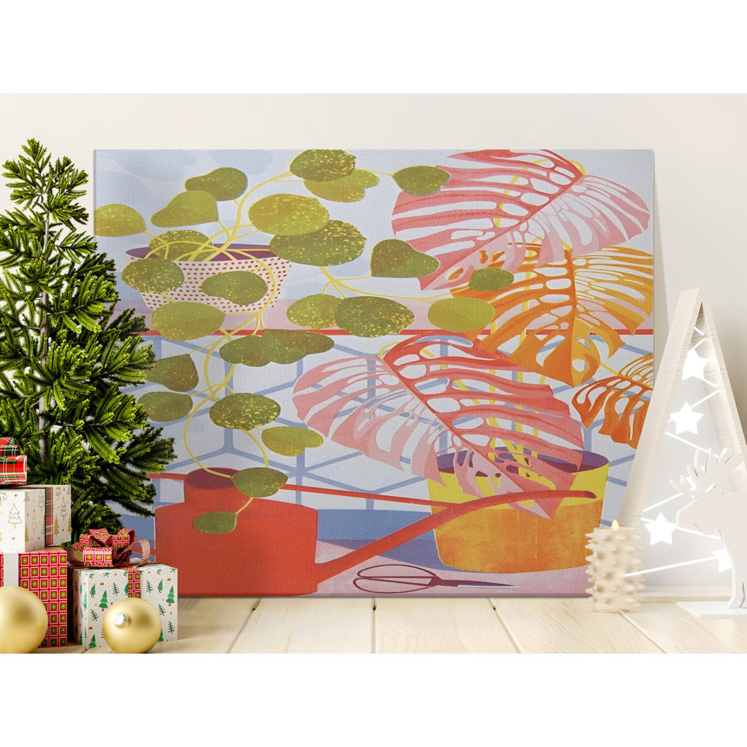 Vibrant Botanical Plant Canvas Wall Art, Modern Houseplant Art Print with Pink Monstera, Watering Can, & Faux Glitter Leaves for Urban