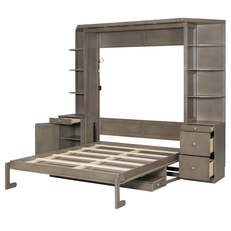 Grand lit escamotable bureau avec tablettes de rangement et armoires pour économiser de l'espace, Grey