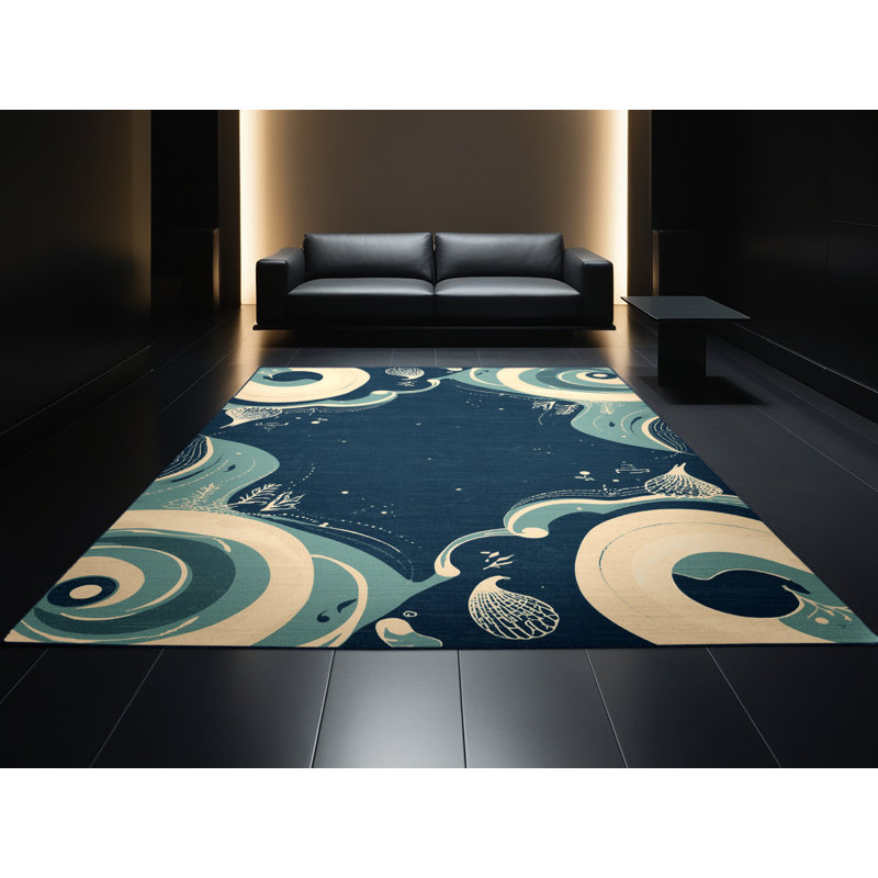Soft Plush Grasmere Clam Chowder Coastal Solid Colour Area Rug in Blue – Navy Binding, 3x5