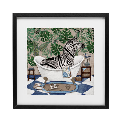 Zèbre dans une baignoire tropicale, reproduction encadrée sous verre, design par Janet Tava