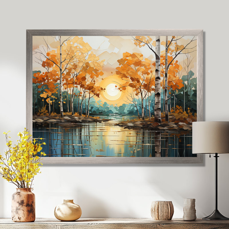 Birch Woods Golden Reflections II - impression de toile de bouleau, H 34 po x l 44 po x P 1,5 po, Cadre flottant doré