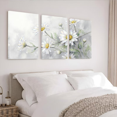 Daisy Floral Watercolor Canvas Wrapped Wall Art Oil Painting Print Set Of 3 For Living Room Bedroom Decor
