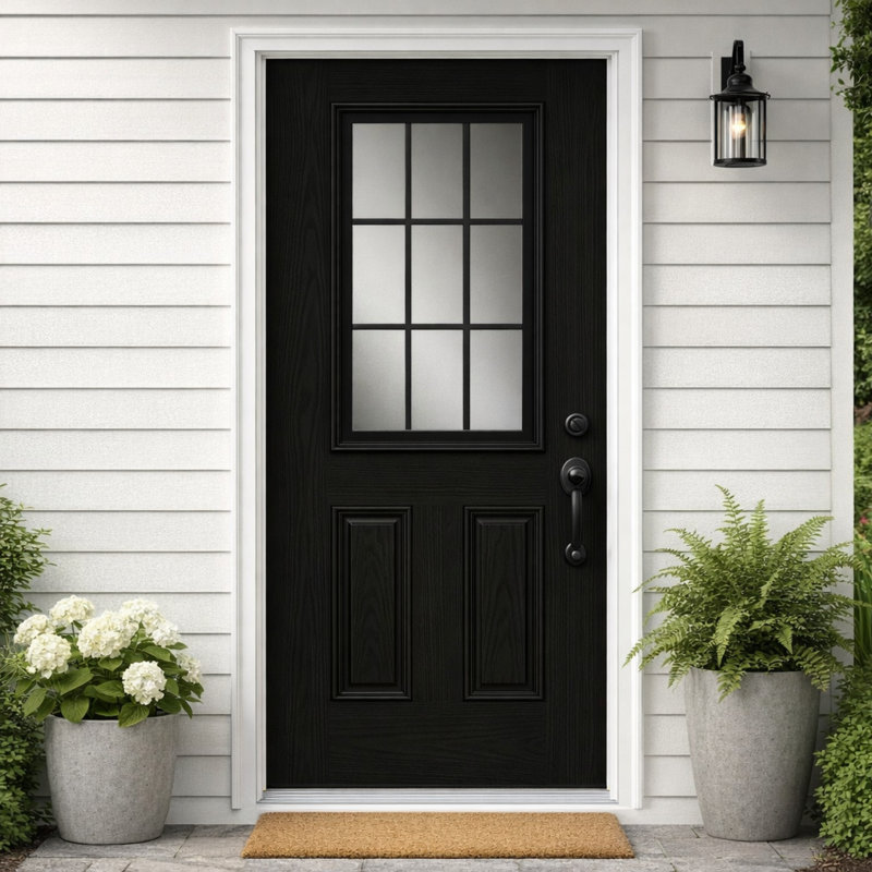 Porte d'entrée noire en fibre de verre à grain de bois 36 po x 80 po avec verre d'intimité givré