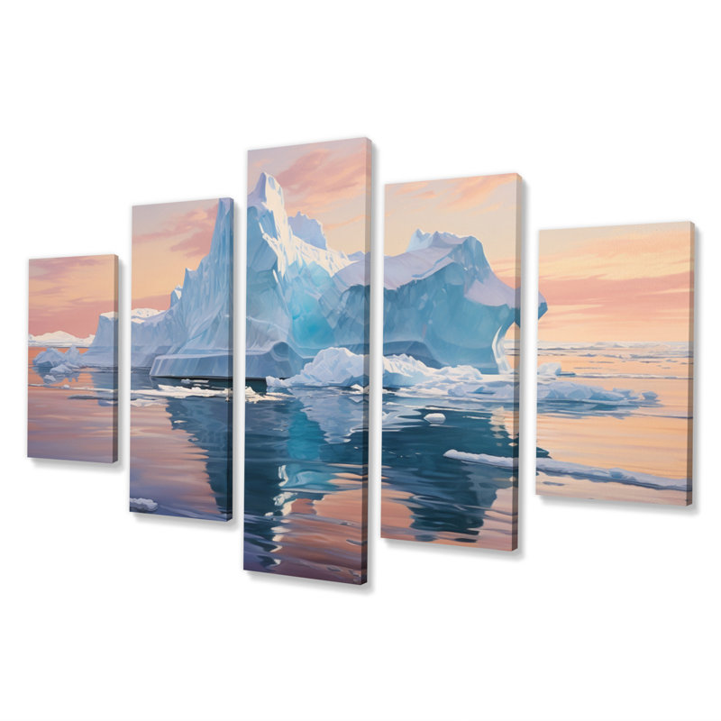 «Blue Peach Iceberg Frozen Serenity», impression sur toile de paysages - 5 panneaux