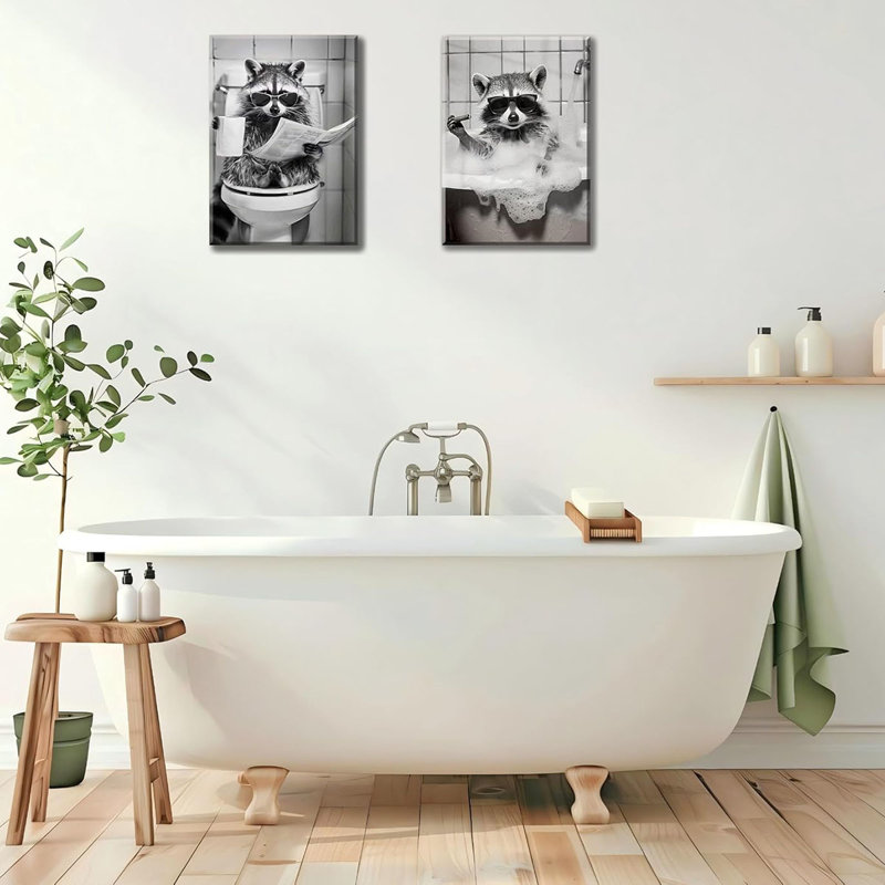 2Psc Raccoon Bathroom Framed Canvas Wall Art Funny Animal Painting Wall Decor Raccoon On Toilet Pictures Black Animal Poster Print Artwork For Bath Restroom Home Decoration
