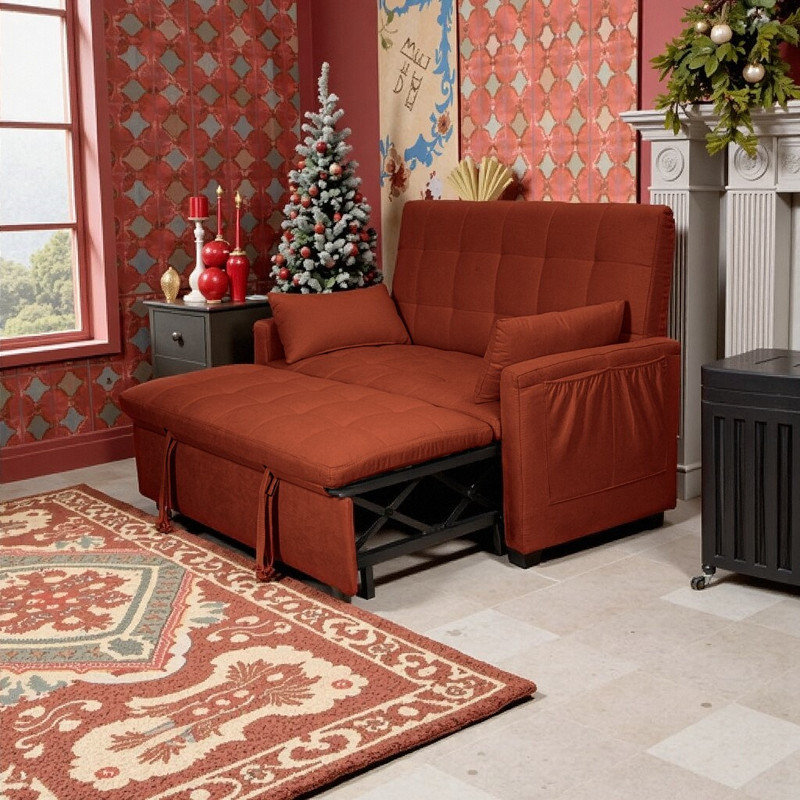 Grand canapé-lit en tissu de 61 pouces avec poches de rangement à dossier réglable et structure renforcée, Rouge