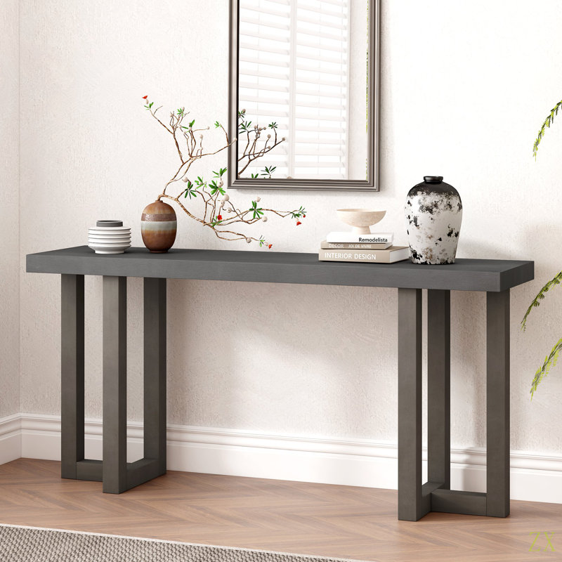 Geometric Design Console Table With Solid Pine Legs,Suitable For Entryway, Hallway, Living Room, Bedroom, Dark Gray