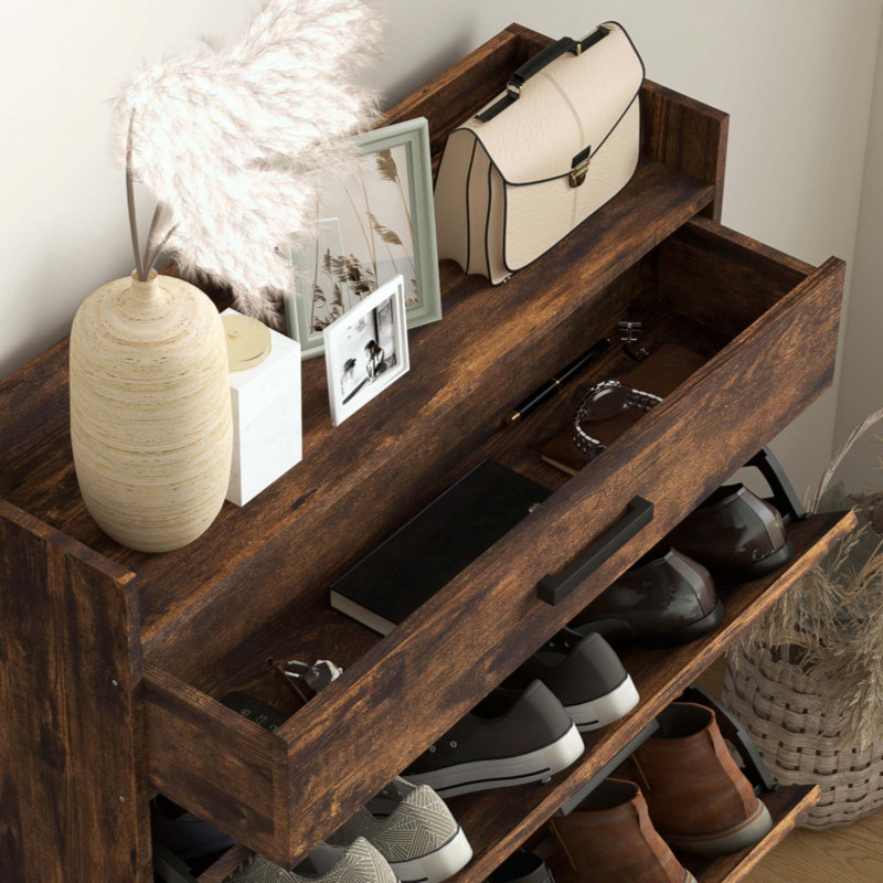 Narrow Shoe Cabinet With 2 Flip Doors And Top Drawer, Rustic Brown