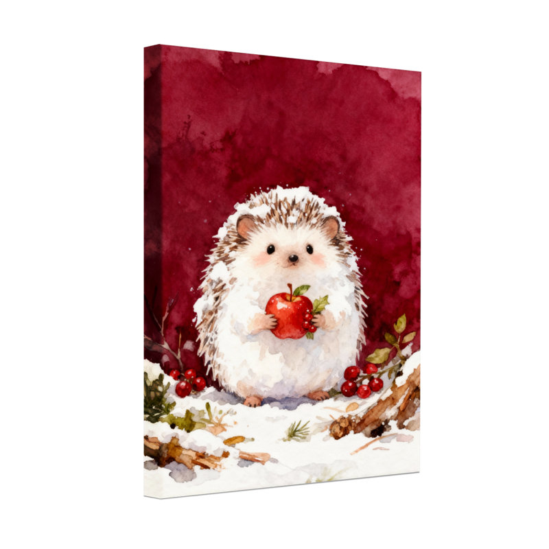 Hérisson de Noël tenant une pomme dans une scène enneigée, H 18 po x l 12 po