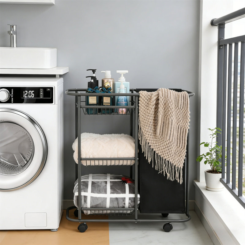 Laundry Cart, Three-Layer Laundry Basket With Wheels, Can Be Placed Between The Washing Machine And Dryer, Heavy-Duty Rolling Laundry Basket, Equipped With A 45 Liter Laundry Bag, Suitable For Narrow Spaces Such As Laundry Rooms, Bathrooms, And Bedrooms
