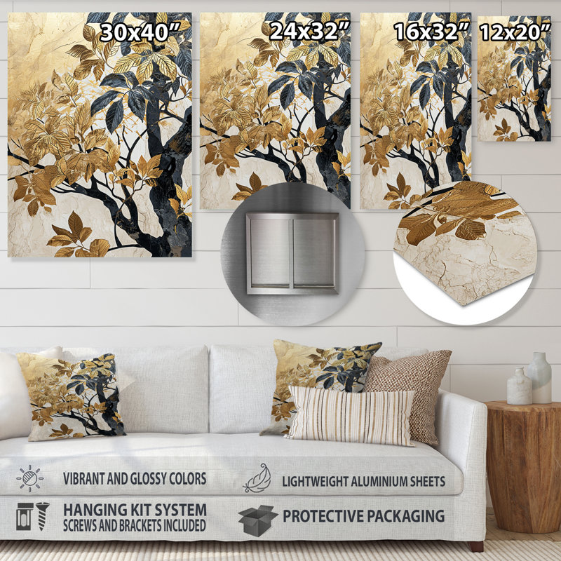 Arbre noir rétro avec feuilles dorées - feuilles, décoration murale, Métal métal, H 32 po x l 24 po x P 1 po