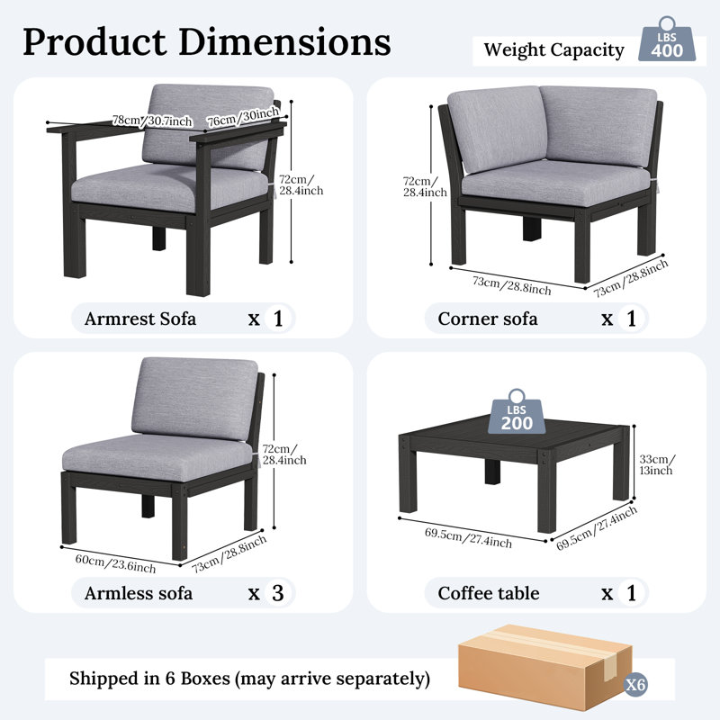 5 - Person Modular Patio Conversation Sets With Cushions, 6-Piece Outdoor All-Weather Waterproof HIPS Sofa Seating Group, Black