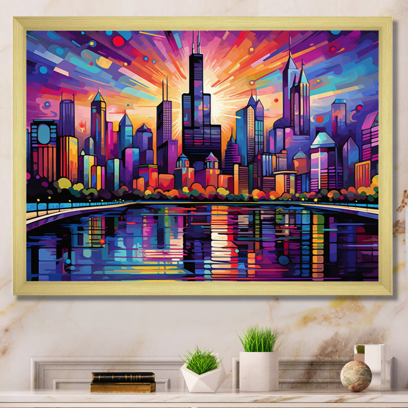 Pop Chicago Cityscape I sur impression sur toile, H 12 po x l 20 po x P 1 po, Cadre doré à une seule photo