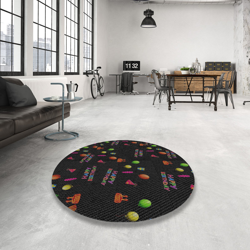 Tapis noir/vert à motifs, Rond 5 pi