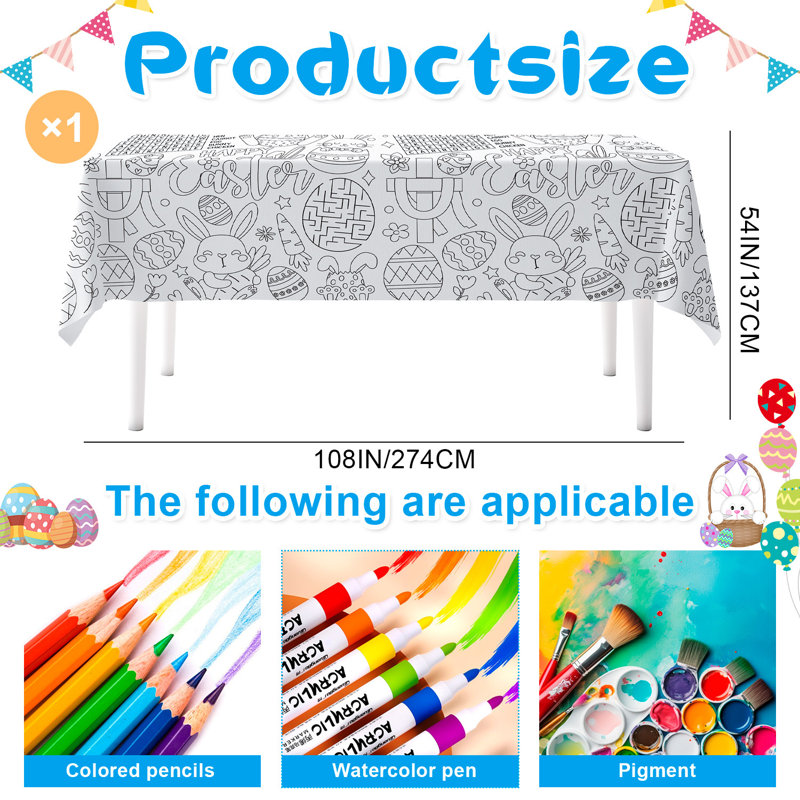 Easter Coloring Tablecloth, 108'' x 54'' Easter Coloring Paper Tablecloth