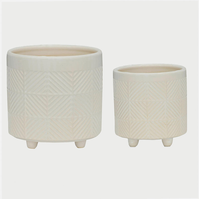 S/2 6/8" Textured Planters, Shiny White, White