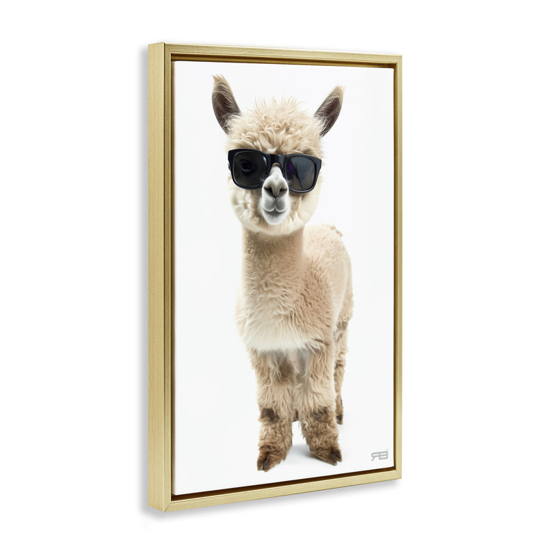 «Cool Alpaca & Glasses», toile flottante encadrée par Roozbeh Bahramali, Cadre flottant métallique doré, H 31 po x l 21 po