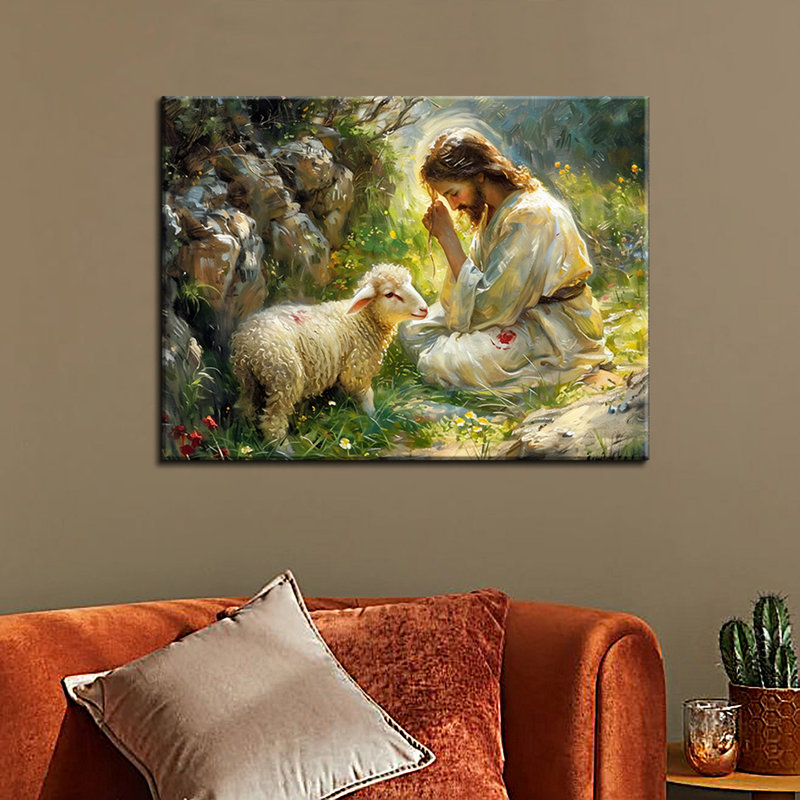 Jésus et l'agneau Jésus-Christ embrasse l'agneau perdu, H 24 po x l 24 po x P 1,8 po
