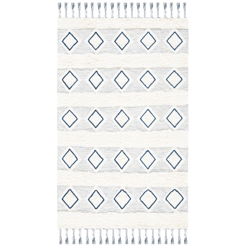 Geometric Handwoven Wool Ivory/Blue Area Rug, Rectangle 3' x 5'
