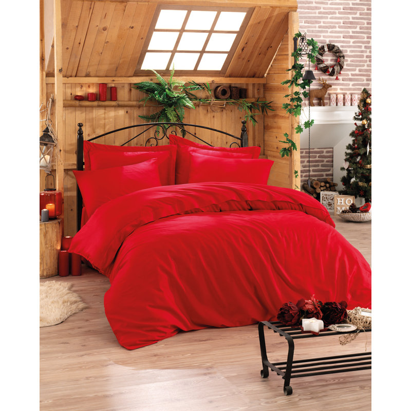 Luxurious 100% Cotton Satin Quilt Cover Set, Red | Duvet Cover 53.1 x 78.7 inches & Pillowcase 31.5 x 31.5 inches | 210 Thread Count, Reactive Printing, Machine Washable, Elegant Button Closure Design for Ultimate Comfort