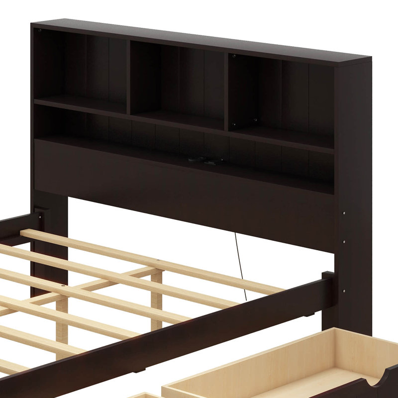 Lit plateforme en bois avec tête de lit bibliothèque, éclairage encastré, Expresso, Complète
