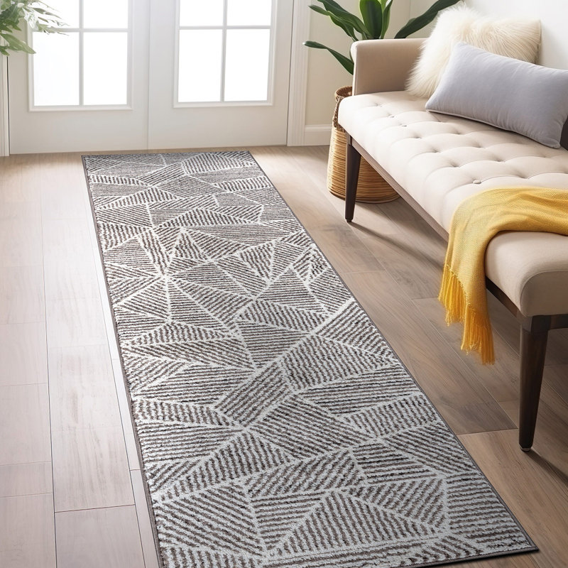 Tapis à rayures géométriques contemporain brun / ivoire Rambo, Tapis de couloir de 2 pi x 7 pi