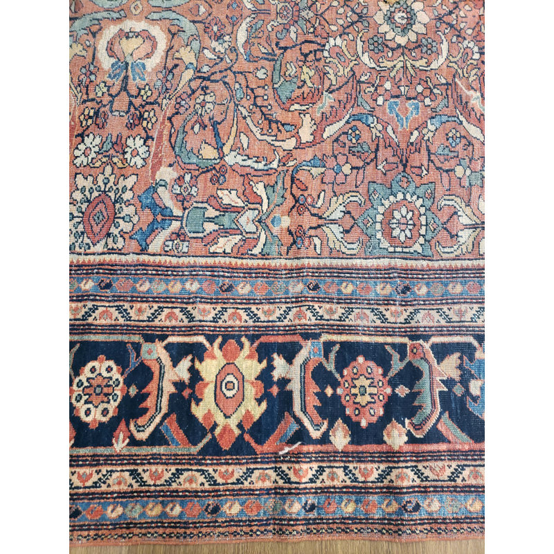 Tapis unique en laine noué à la main rouille / marine 12 pi x 21 pi avant 1900 Mahal