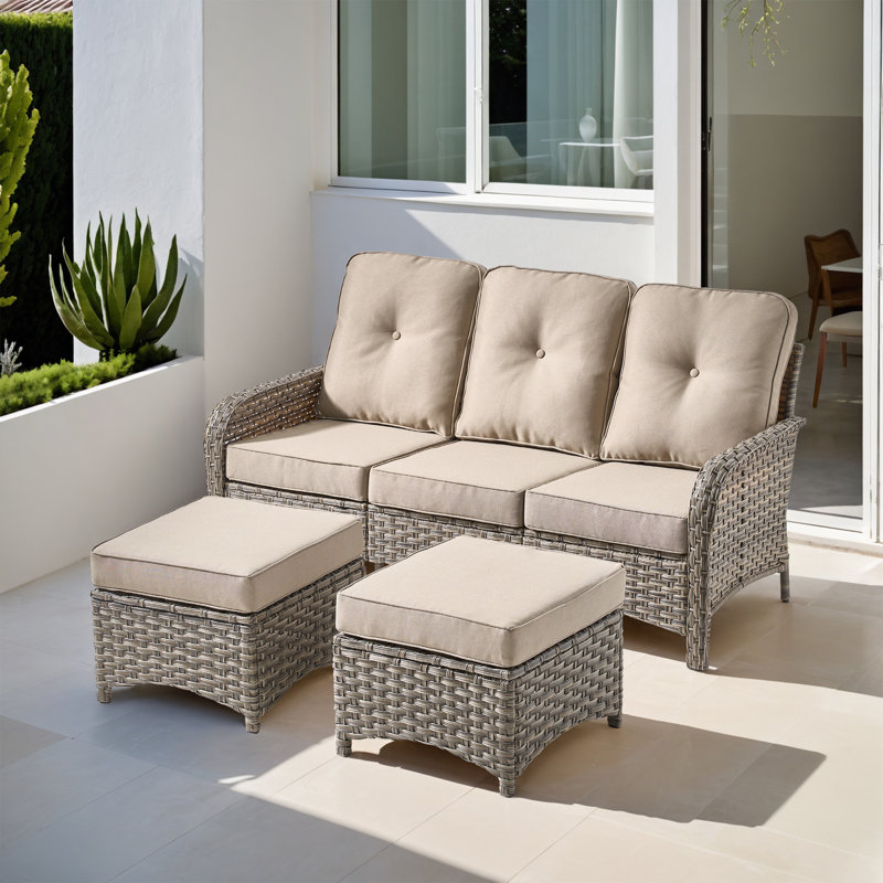 Emroy 3 - Person Wicker Rattan Outdoor Seating Group with Cushions and Ottomans, All Weather High Back Conversation Set for Garden Backyard