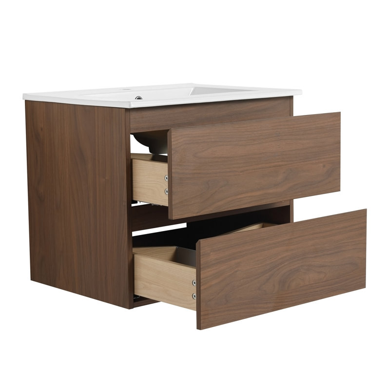 Meuble-lavabo mural 24 po avec lavabo en céramique, 2 tiroirs à fermeture en douceur, ensemble KD, Brown Oak