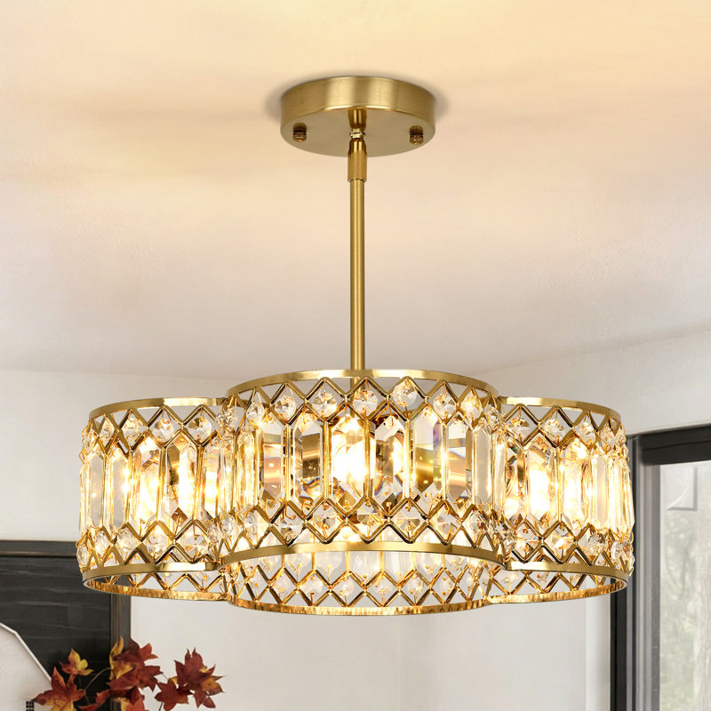 Lustre en cristal moderne à 4 lumières en laiton avec hauteur réglable et abat-jour en cristal K9, Brass