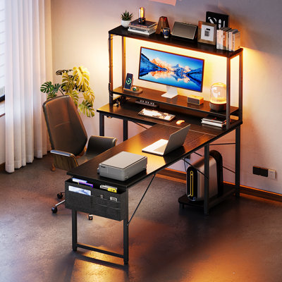 Modular L-Shaped Steel Computer Desk with Built-In Electrical Outlet