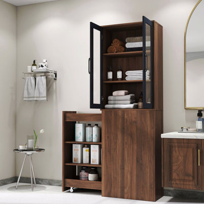 Armoire de rangement, moderne, bois de verre, porte en verre de 87 po, vitrine H 70,87 po, tablette coulissante multi-fonctionnelle à 4 niveaux et 2 portes, garde-manger en bois