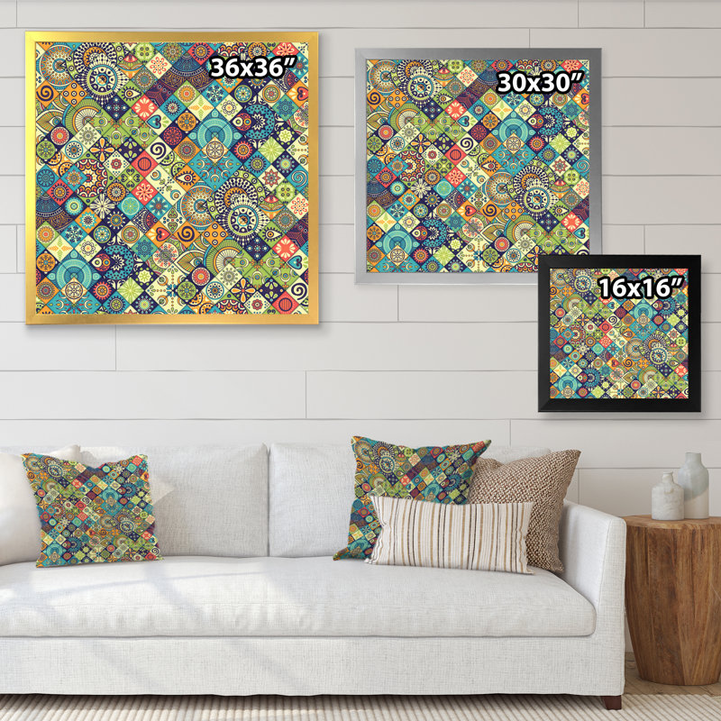 «Ethnic Floral Geometrics», impression sur toile, H 17,5 po x l 17,5 po x P 1 po, Cadre noir