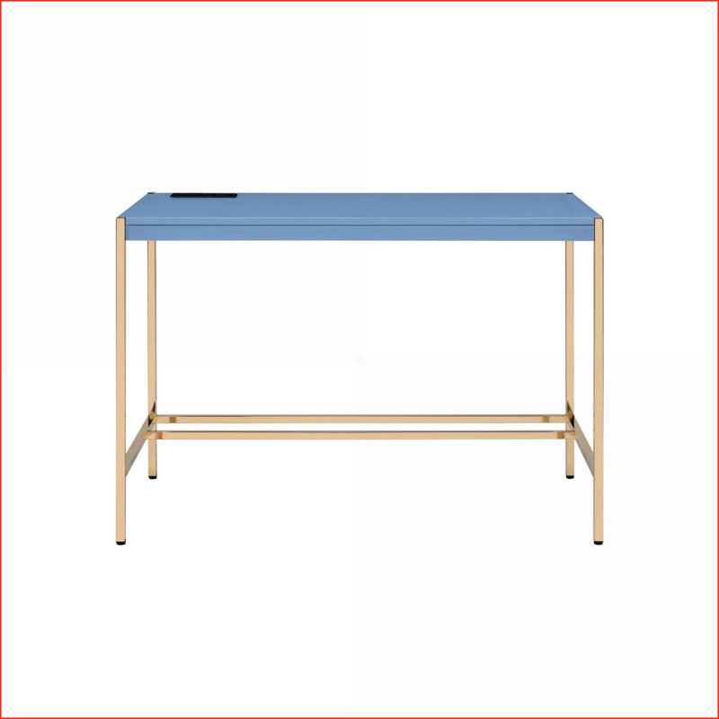 Desks 40”L Modern White Writing Desk with USB Port, Gold Metal Base | Gold | Synthetic Wood, Blue