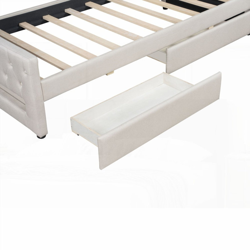 Lit de jour rembourré simple TG avec ceinture à DEL 2 tiroirs - aucun sommier nécessaire, fabrication robuste, Beige
