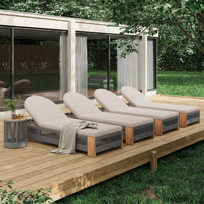 Outdoor Rope Chaise Lounge  Set , Patio Lounge Chairs, Outside Poolside Lounge Furniture, Teak Look Wood Side Table And Beige Cushions, Chaise Lounge With Adjustable Backrest( Grey Rope)