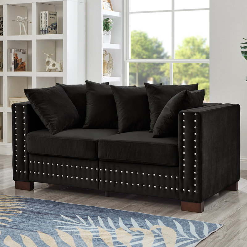 Moderne, velours noir, salon, accoudoirs carrés, clous argentés, sièges à ressorts, housses amovibles, rangement sous le siège 2 avec style moderne, accoudoirs décorés d'une éponge et d'une poche à haute élasticité