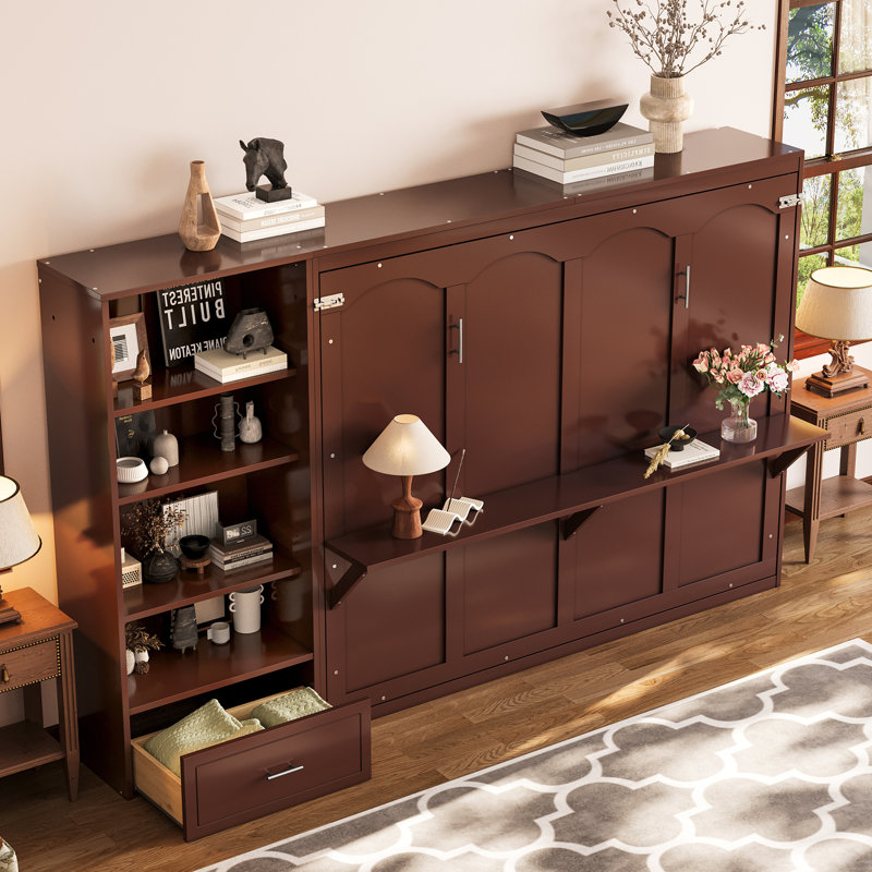 Queen Size Murphy Bed With Height Adjustable Storage Compartments And Shelf, Wall Bed Frame With 1 Drawer, Foldable Platform Bed