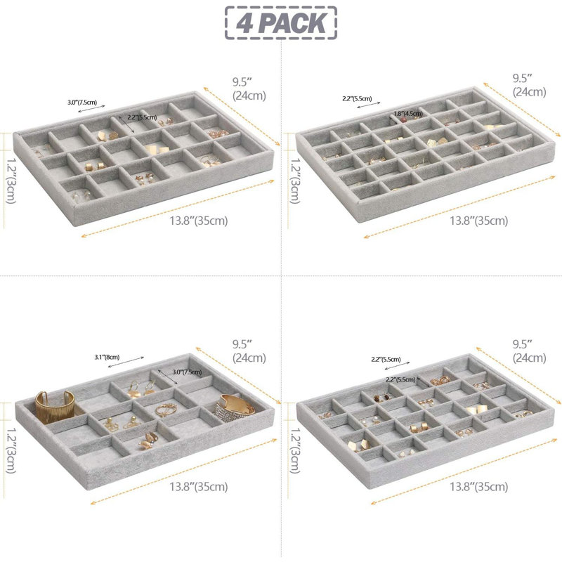 Ensemble de 4 plateaux à bijoux en velours empilables gris, organisateur de tiroir pour boucles d'oreilles et colliers