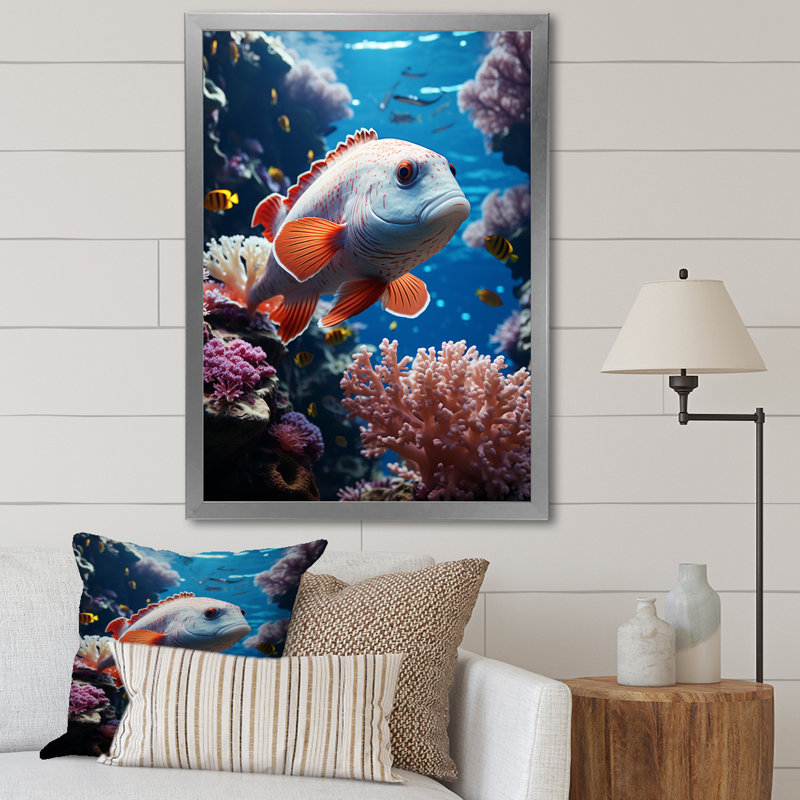 " Orange Blue Marine Animals Underwater Symphony ", Silver Picture Frame, 32" H x 24" W x 1" D