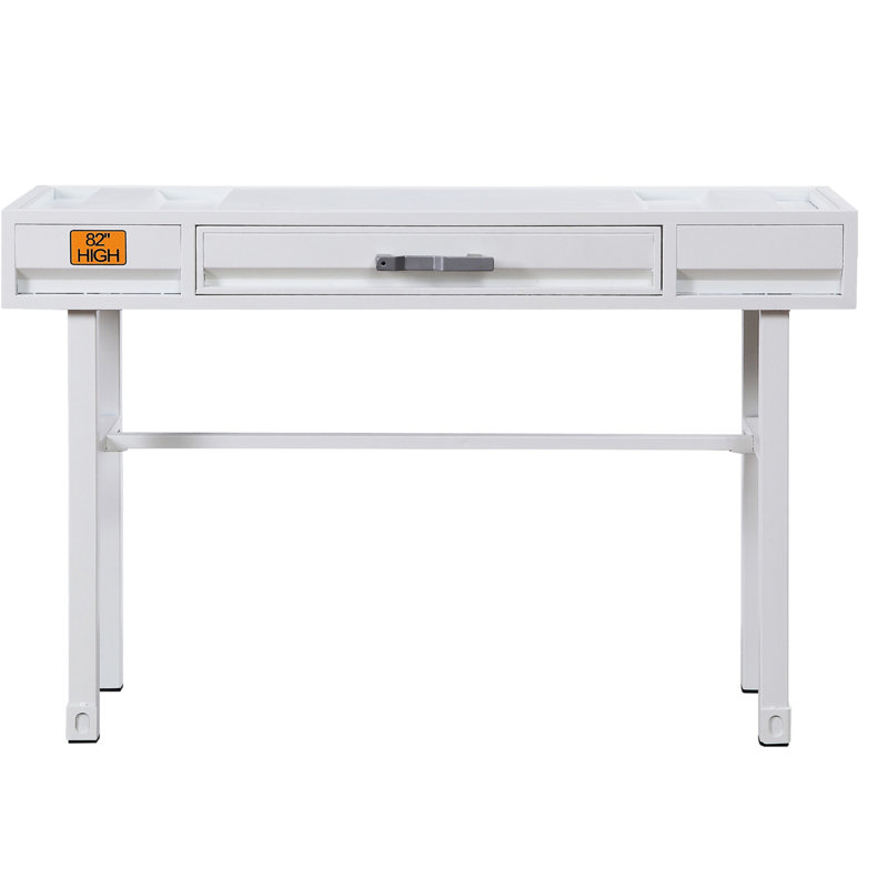 One Drawer White Metal Vanity Desk - Recessed Panels, Frame, Straight Legs For Bedroom Space Enhancement In With