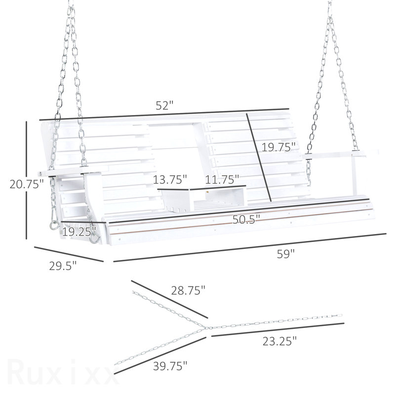 Balancelle de patio en bois 3 places, banc de patio avec table basse pliante, porte-gobelets et chaînes inclus, capacité de poids de 440 lb, blanc