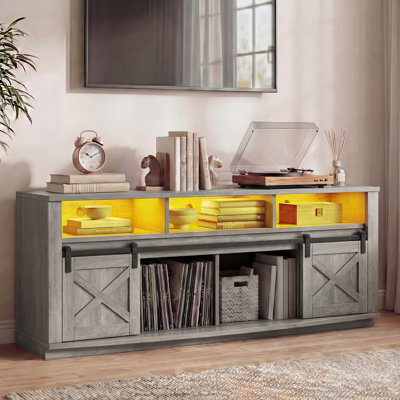 TV Stand For 75/80 Inch TV, 70 Inches Entertainment Center With Sliding Barn Doors, TV Table With Power Outlet & Storage, TV Consoles For Living Room