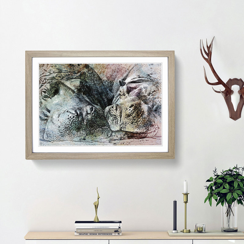 Pair of Sleeping Hippos in Abstract - Picture Frame Graphic Art Print, 36cm H x 48cm W x 2cm D, Oak Framed