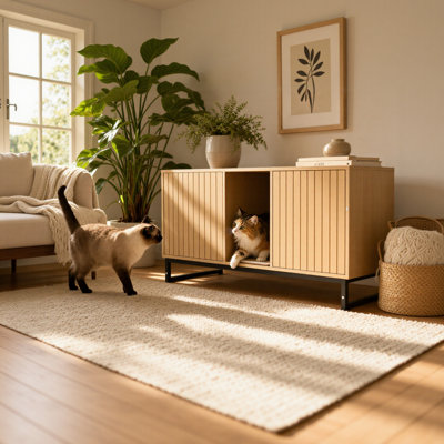 Maison de chat moderne en bois avec tapis à gratter, grand mobilier de chat de 47,64 pouces pour la chambre à coucher du salon, refuge pour chat robuste de 76,4 lb avec option de litière cachée