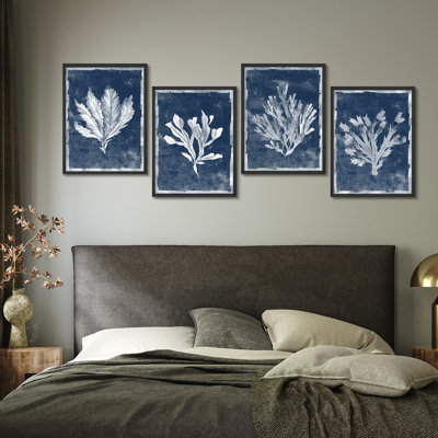 Ensemble 4 pièces d'art mural botanique d'algues côtières - impressions encadrées bleu indigo pour décoration de maison de plage ou de salle de bain