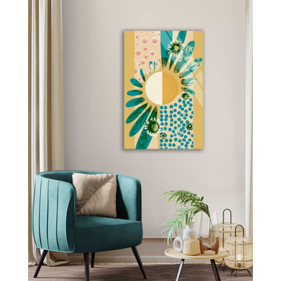 Tempered Glass Wall Art, Modern Abstract Daisy Decor - Yellow Teal Sunflower Print, Boho Living Room Large Vertical Hanging, Floral Home Gift