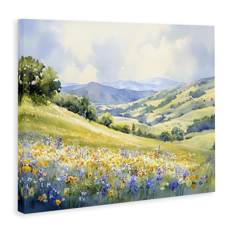 Printemps pré avec toile de montagne éloignée, design par Franklyn Gregory, H 30 po x l 40 po